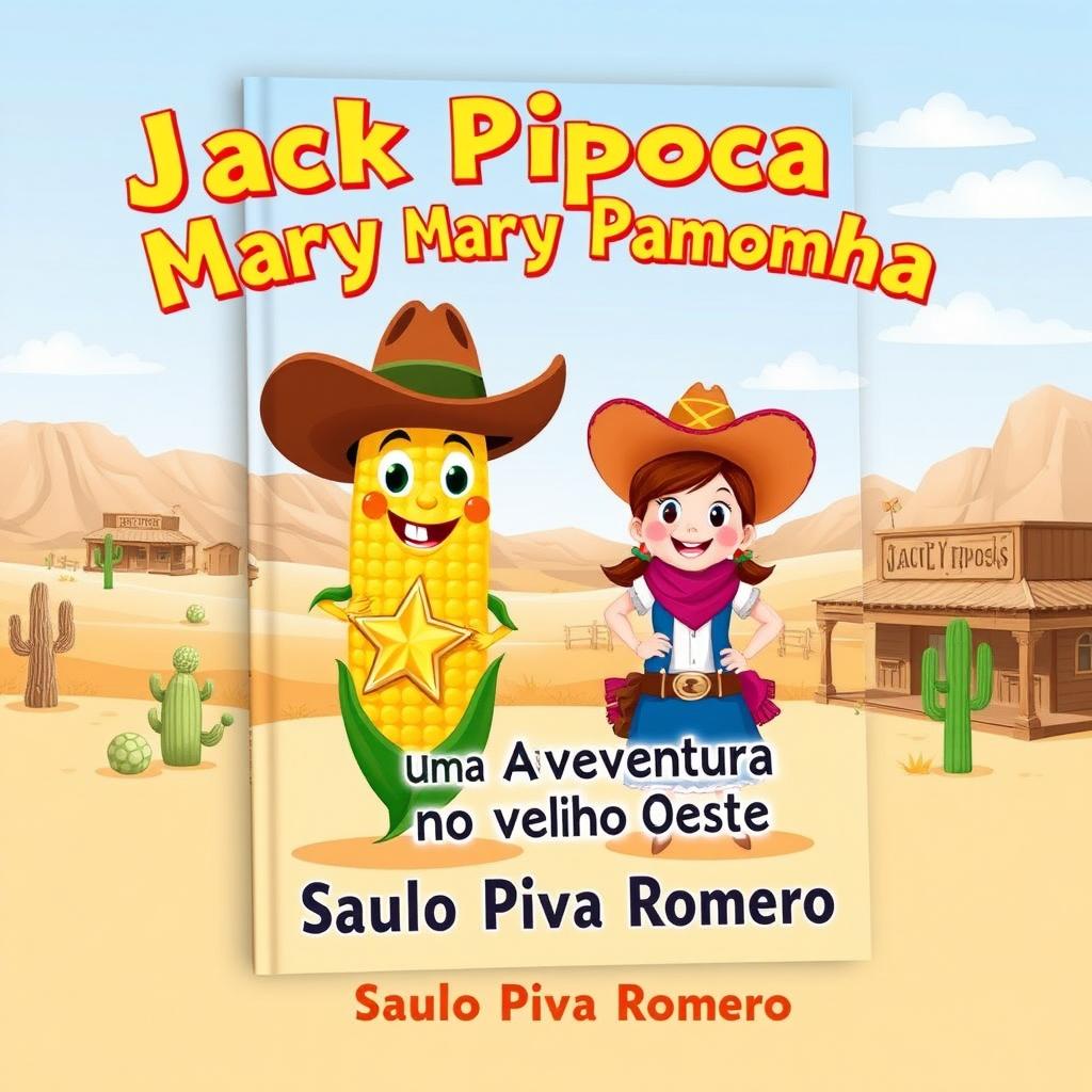 A cheerful and imaginative book cover for the children's story 'Jack Pipoca e Mary Pamonha - Uma Aventura no Velho Oeste'