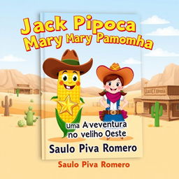 A cheerful and imaginative book cover for the children's story 'Jack Pipoca e Mary Pamonha - Uma Aventura no Velho Oeste'