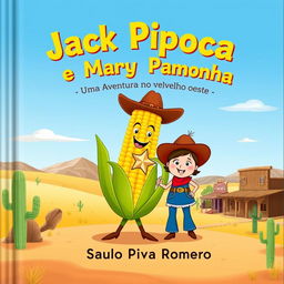 A cheerful and imaginative book cover for the children's story 'Jack Pipoca e Mary Pamonha - Uma Aventura no Velho Oeste'