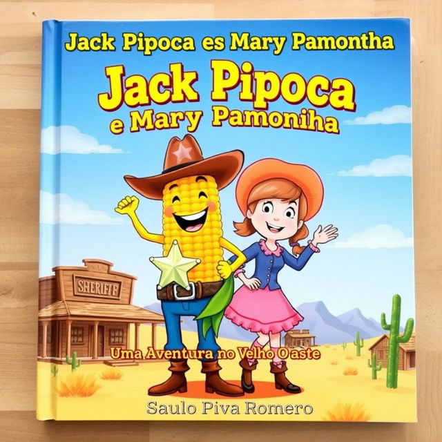 A cheerful and imaginative book cover for the children's story 'Jack Pipoca e Mary Pamonha - Uma Aventura no Velho Oeste'