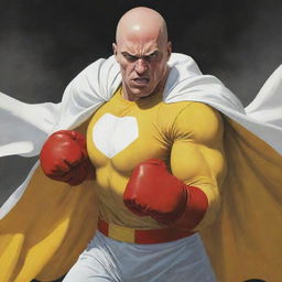 An illustration of a bald superhero radiating immense one punch power, wearing a yellow shirt, red gloves, and billowing white cloak, set against a dramatic backdrop