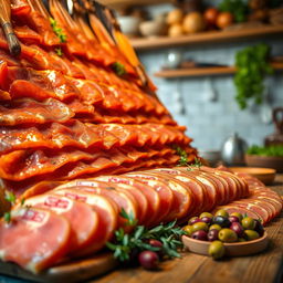 A stunningly arranged wall of Jamón Serrano, beautifully displayed with intricate details