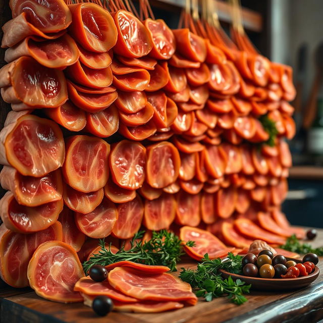 A stunningly arranged wall of Jamón Serrano, beautifully displayed with intricate details