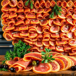 A stunningly arranged wall of Jamón Serrano, beautifully displayed with intricate details