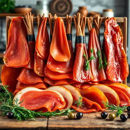 A stunningly arranged wall of Jamón Serrano, beautifully displayed with intricate details