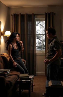 A gripping and intense scene from a dramatic play, featuring two characters in a heated argument under the dim light of a small living room