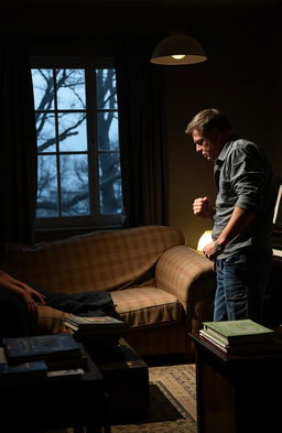 A gripping and intense scene from a dramatic play, featuring two characters in a heated argument under the dim light of a small living room