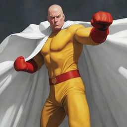 An illustration of a bald superhero radiating immense one punch power, wearing a yellow shirt, red gloves, and billowing white cloak, set against a dramatic backdrop