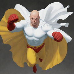 An illustration of a bald superhero radiating immense one punch power, wearing a yellow shirt, red gloves, and billowing white cloak, set against a dramatic backdrop