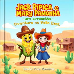 An enchanting book cover for the children's story 'Jack Pipoca e Mary Pamonha - Uma Aventura no Velho Oeste'