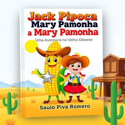 An enchanting book cover for the children's story 'Jack Pipoca e Mary Pamonha - Uma Aventura no Velho Oeste'