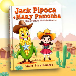 An enchanting book cover for the children's story 'Jack Pipoca e Mary Pamonha - Uma Aventura no Velho Oeste'