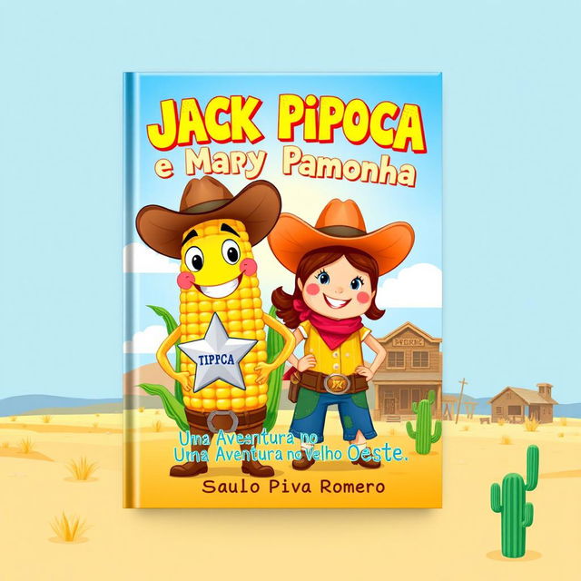 An enchanting book cover for the children's story 'Jack Pipoca e Mary Pamonha - Uma Aventura no Velho Oeste'