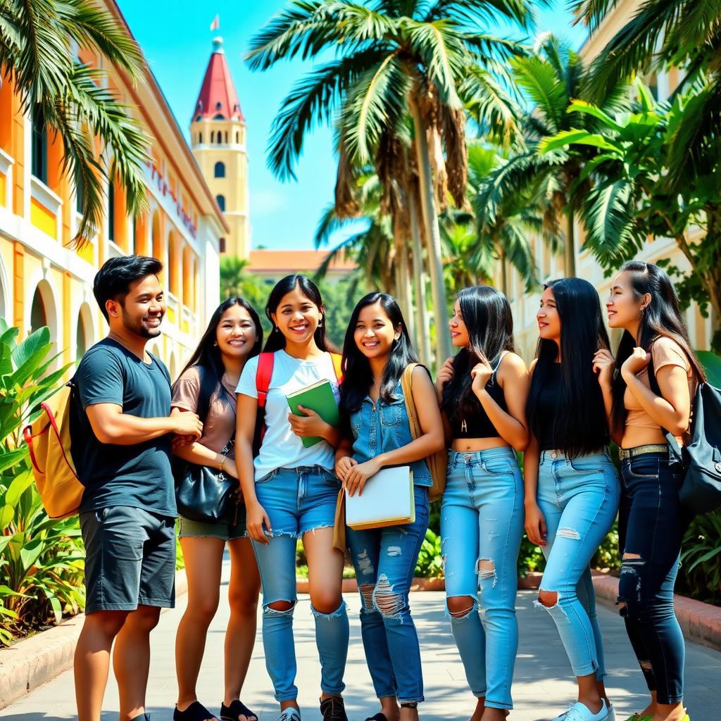 A vibrant and lively scene featuring two young men and seven women, all college students in the Philippines