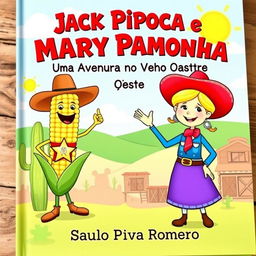 A delightful and colorful book cover for the children's story 'Jack Pipoca e Mary Pamonha - Uma Aventura no Velho Oeste'