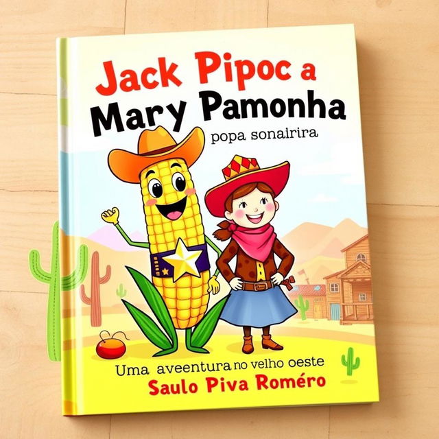 A delightful and colorful book cover for the children's story 'Jack Pipoca e Mary Pamonha - Uma Aventura no Velho Oeste'