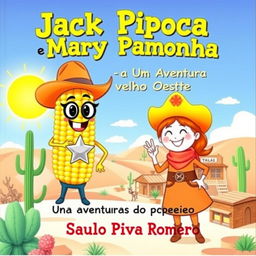 A delightful and colorful book cover for the children's story 'Jack Pipoca e Mary Pamonha - Uma Aventura no Velho Oeste'