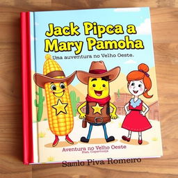 A delightful and colorful book cover for the children's story 'Jack Pipoca e Mary Pamonha - Uma Aventura no Velho Oeste'