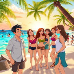 An animated scene depicting two men and seven women together in a vibrant setting in the Philippines