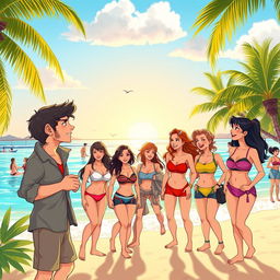An animated scene depicting two men and seven women together in a vibrant setting in the Philippines