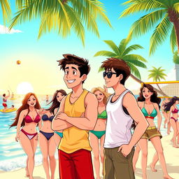 An animated scene depicting two men and seven women together in a vibrant setting in the Philippines