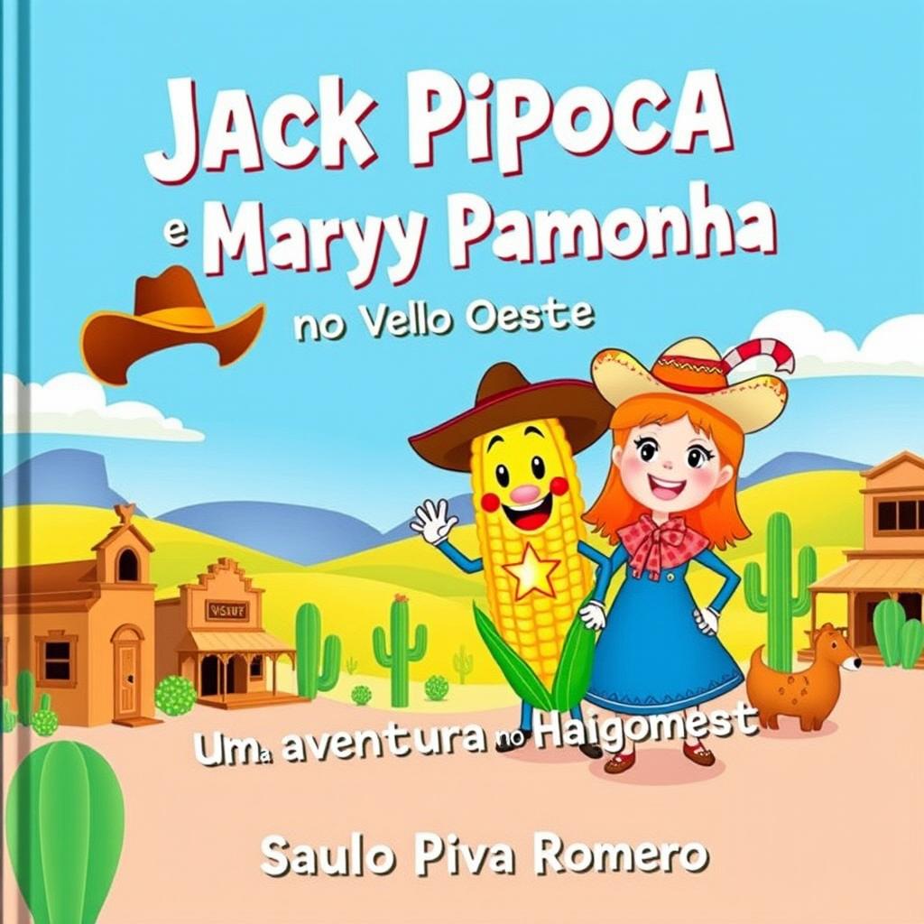 A vibrant and playful book cover for the children's story 'Jack Pipoca e Mary Pamonha - Uma Aventura no Velho Oeste'