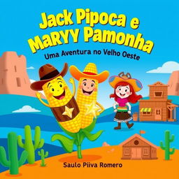 A vibrant and playful book cover for the children's story 'Jack Pipoca e Mary Pamonha - Uma Aventura no Velho Oeste'