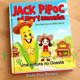A vibrant and playful book cover for the children's story 'Jack Pipoca e Mary Pamonha - Uma Aventura no Velho Oeste'