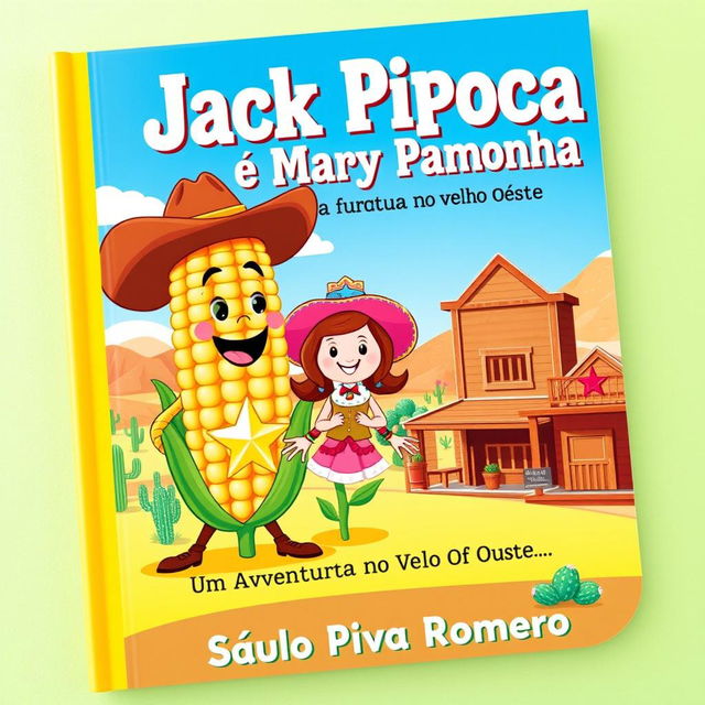 A vibrant and playful book cover for the children's story 'Jack Pipoca e Mary Pamonha - Uma Aventura no Velho Oeste'