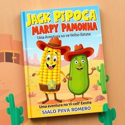 A whimsical book cover for a children's book titled 'Jack Pipoca e Mary Pamonha: Uma Aventura no Velho Oeste' by Saulo Piva Romero