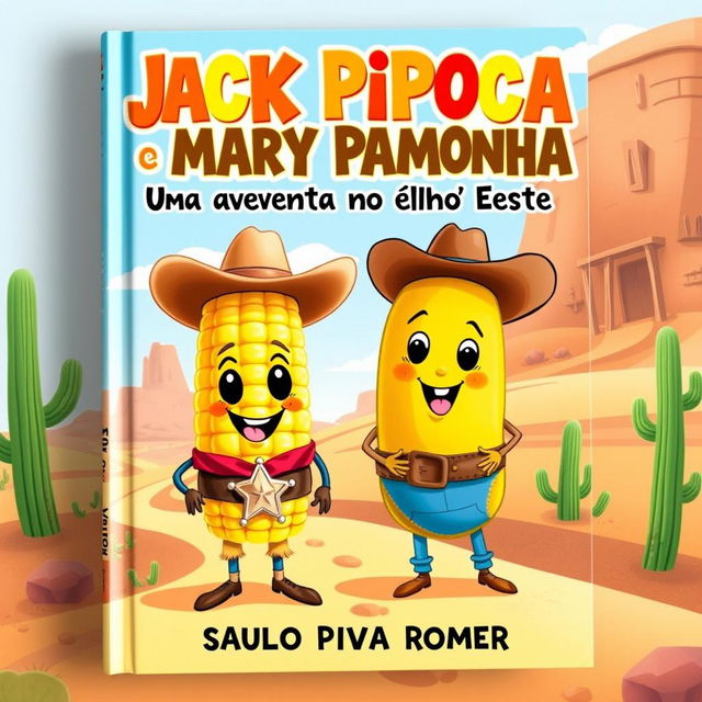 A whimsical book cover for a children's book titled 'Jack Pipoca e Mary Pamonha: Uma Aventura no Velho Oeste' by Saulo Piva Romero