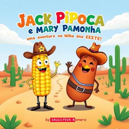 A whimsical book cover for a children's book titled 'Jack Pipoca e Mary Pamonha: Uma Aventura no Velho Oeste' by Saulo Piva Romero