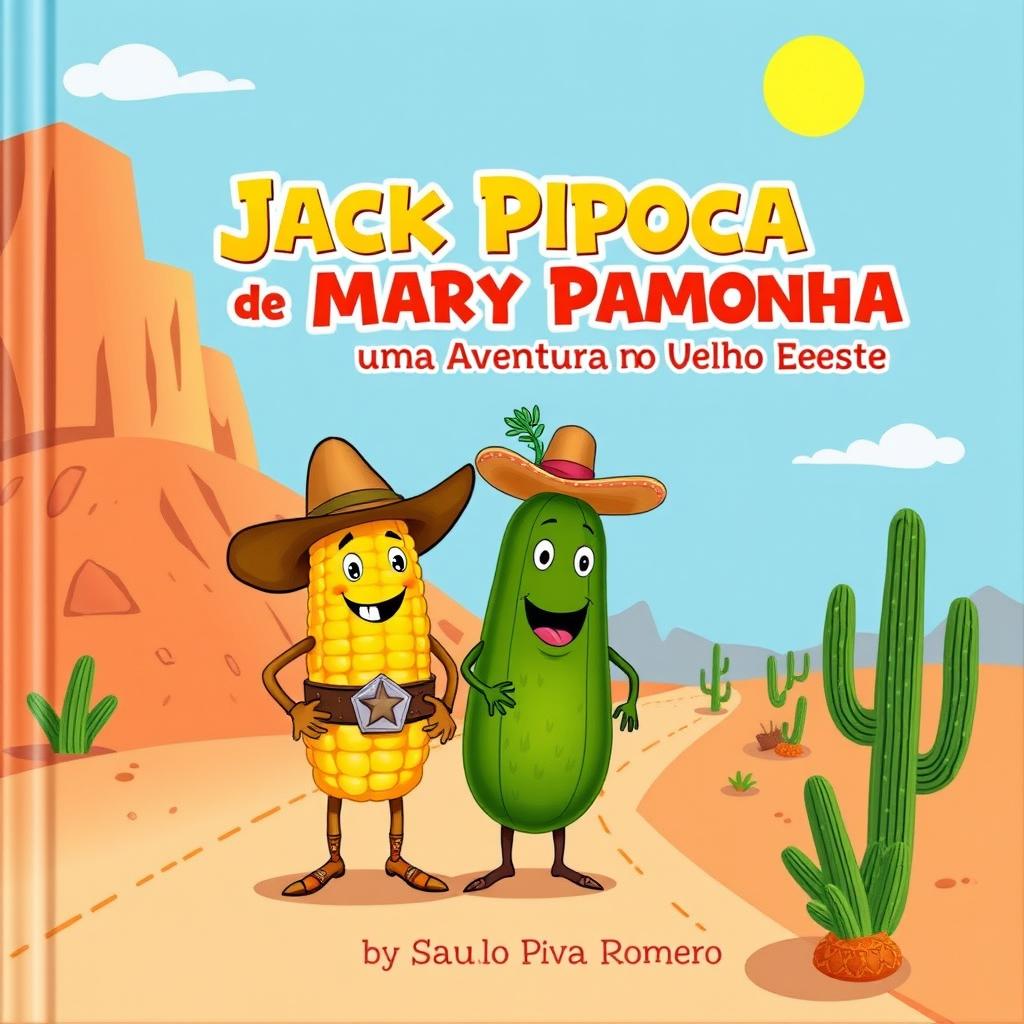 A whimsical book cover for a children's book titled 'Jack Pipoca e Mary Pamonha: Uma Aventura no Velho Oeste' by Saulo Piva Romero