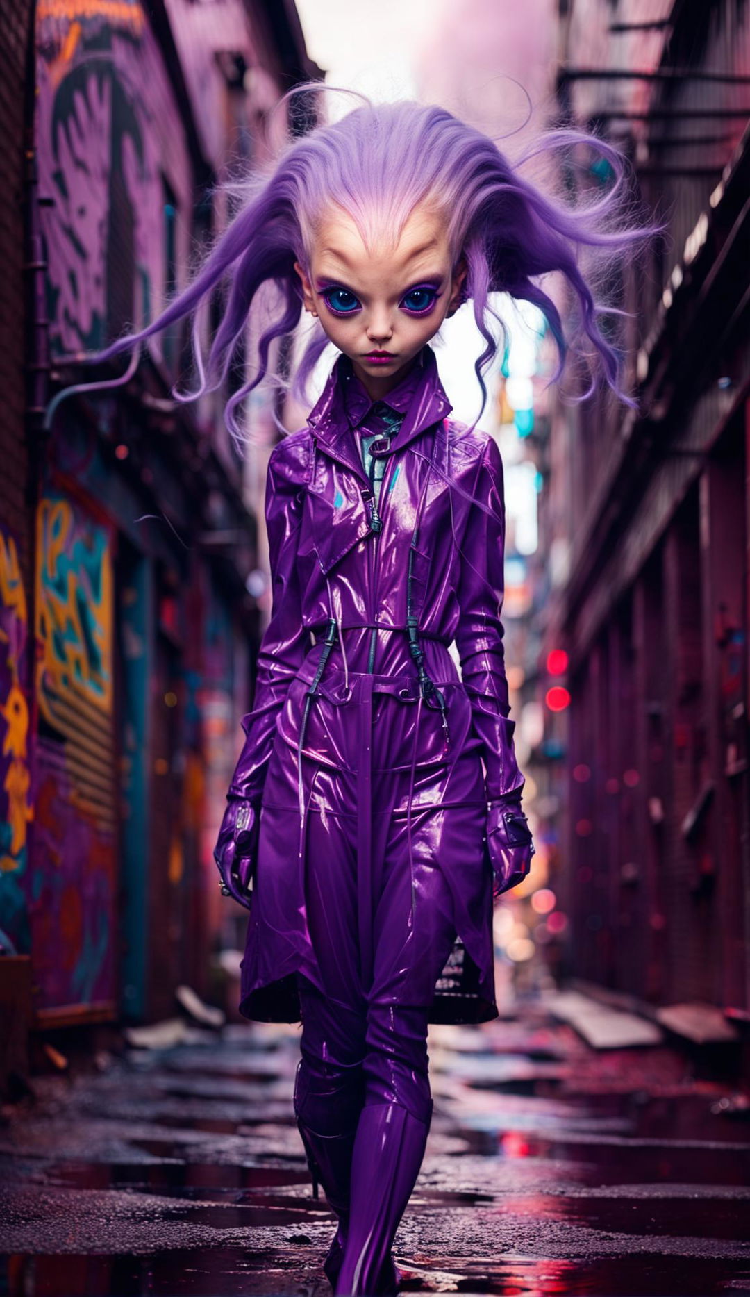 High-resolution photograph of an alien with large eyes, long dark eyelashes, alien skin, and a neon purple wig, walking through a cyber-punk alleyway. Captured with a Canon EOS 5DS and an 85mm f/1.2 lens.