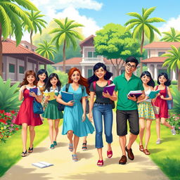 An animated scene set on a college campus in the Philippines, featuring two men and seven women engaging in various activities