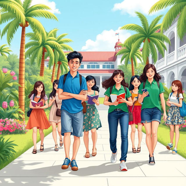 An animated scene set on a college campus in the Philippines, featuring two men and seven women engaging in various activities