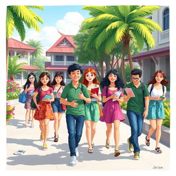 An animated scene set on a college campus in the Philippines, featuring two men and seven women engaging in various activities