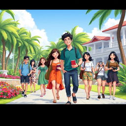 An animated scene set on a college campus in the Philippines, featuring two men and seven women engaging in various activities