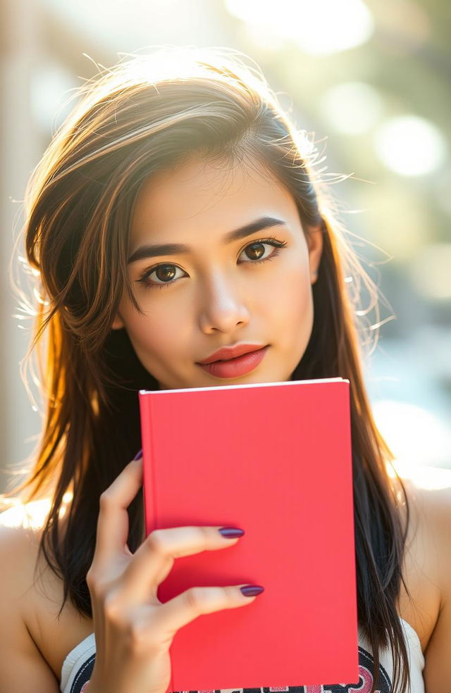 A beautiful girl holding a book without any title or author visible on the cover