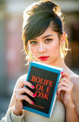 A beautiful girl holding a book without any title or author visible on the cover