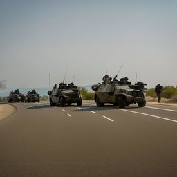 Two state-of-the-art armored military vehicles spearheading a procession along an empty one-lane freeway in broad daylight. Trailing them are twelve intimidating kidnappers donned in skeleton face masks and standard bullet-proof vests.