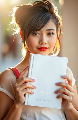 A beautiful girl holding a book without any title or author visible on the cover