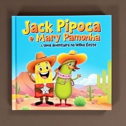 A charming book cover for a children's book titled 'Jack Pipoca e Mary Pamonha: Uma Aventura no Velho Oeste' by Saulo Piva Romero