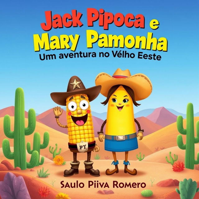 A charming book cover for a children's book titled 'Jack Pipoca e Mary Pamonha: Uma Aventura no Velho Oeste' by Saulo Piva Romero