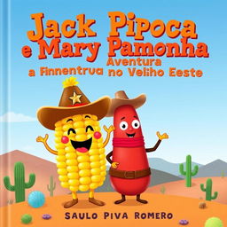A charming book cover for a children's book titled 'Jack Pipoca e Mary Pamonha: Uma Aventura no Velho Oeste' by Saulo Piva Romero