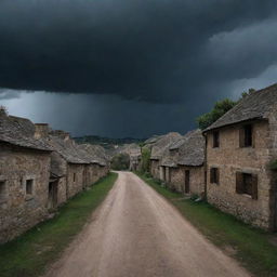 The same rustic village, now with a dramatically darkened sky overhead, signifying an impending storm or nightfall.