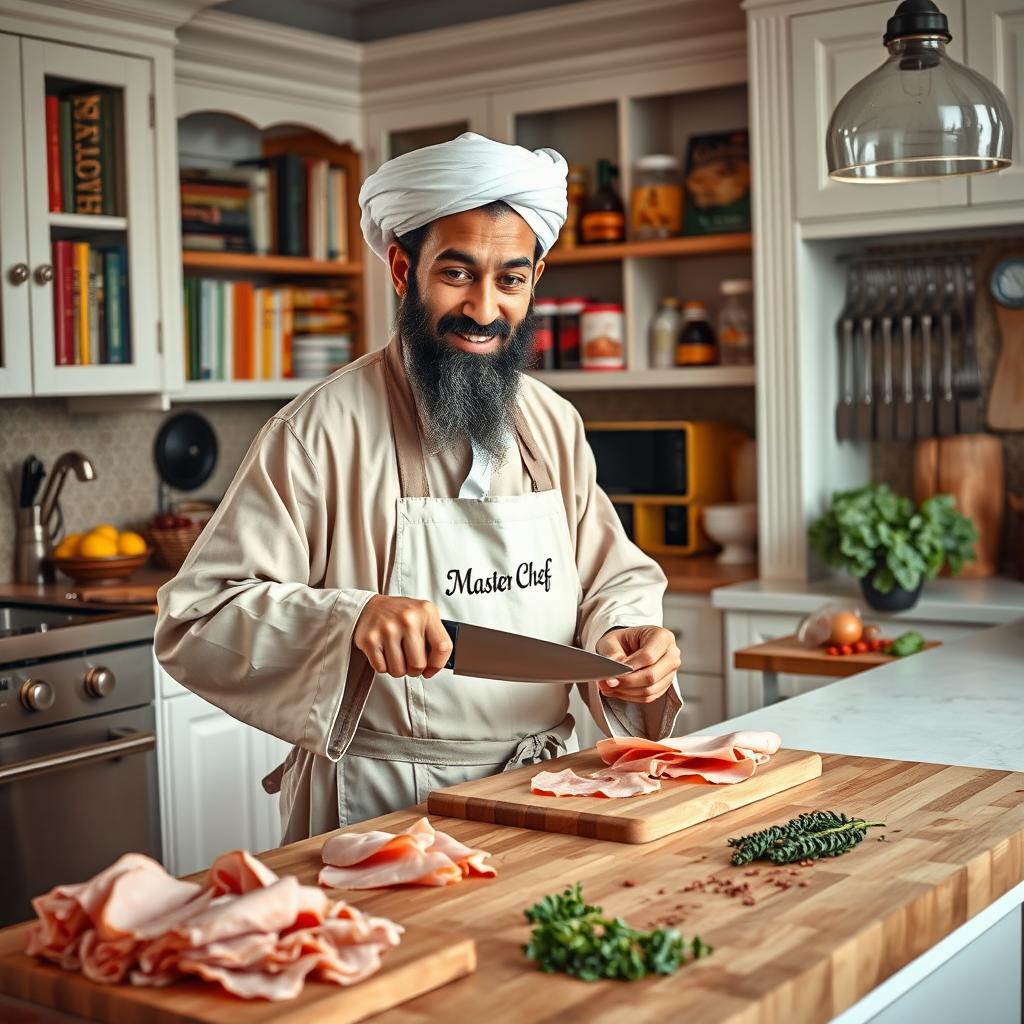 A surreal and humorous scene featuring Osama bin Laden in a gourmet kitchen, meticulously slicing thin pieces of ham with a precise knife