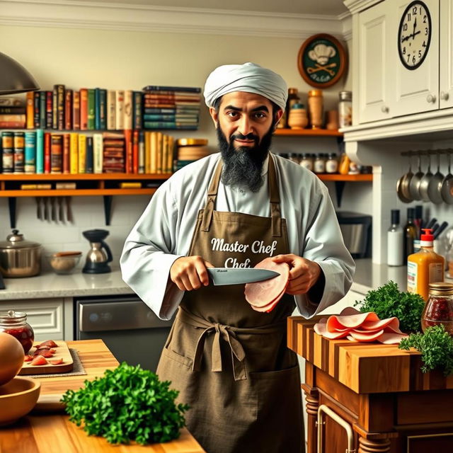 A surreal and humorous scene featuring Osama bin Laden in a gourmet kitchen, meticulously slicing thin pieces of ham with a precise knife