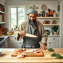 A surreal and humorous scene featuring Osama bin Laden in a gourmet kitchen, meticulously slicing thin pieces of ham with a precise knife