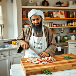 A surreal and humorous scene featuring Osama bin Laden in a gourmet kitchen, meticulously slicing thin pieces of ham with a precise knife